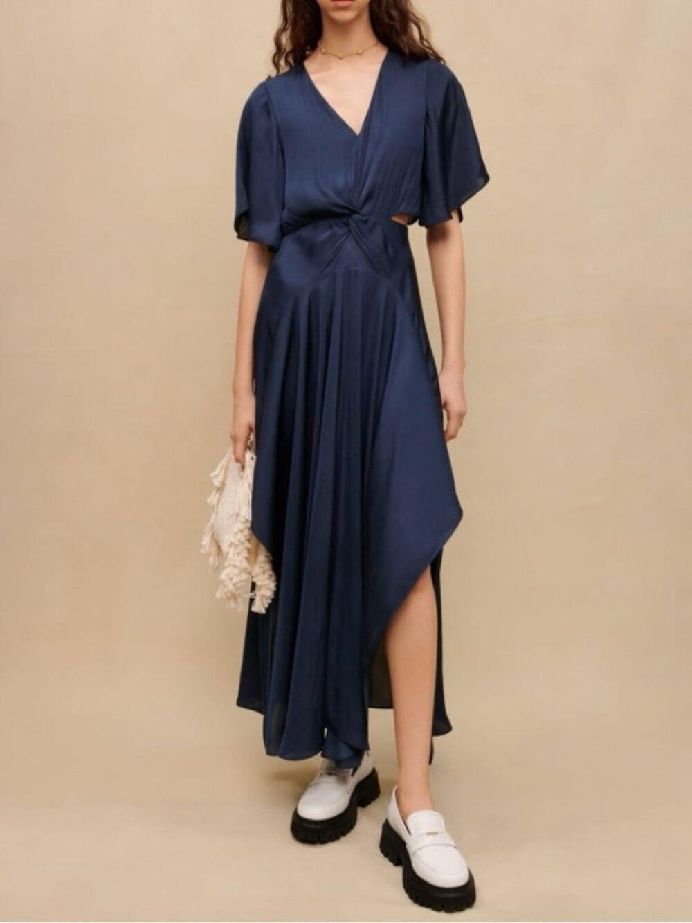 MAJE Flowing Satin Scarf Dress Navy Blue Asymmetric Hem Cutout Maxi Dress Size S